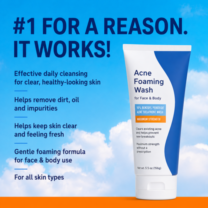 10% Benzoyl Peroxide Foaming Face & Body Cleanser – Maximum Strength Daily Wash for Acne-Prone Skin, Helps Remove Excess Oil and Pore Buildup, 5.5 oz