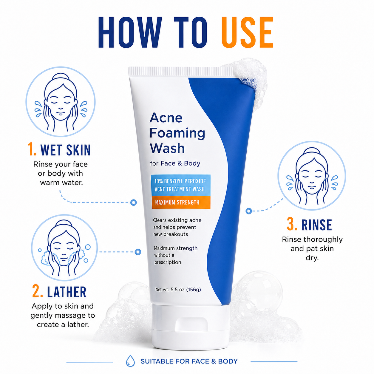 10% Benzoyl Peroxide Foaming Face & Body Cleanser – Maximum Strength Daily Wash for Acne-Prone Skin, Helps Remove Excess Oil and Pore Buildup, 5.5 oz