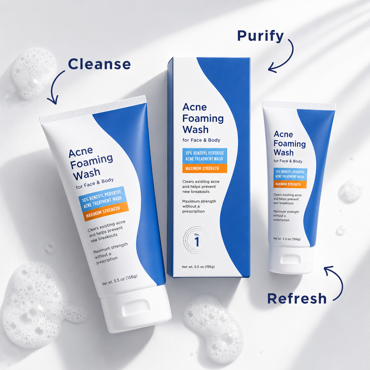 10% Benzoyl Peroxide Foaming Face & Body Cleanser – Maximum Strength Daily Wash for Acne-Prone Skin, Helps Remove Excess Oil and Pore Buildup, 5.5 oz