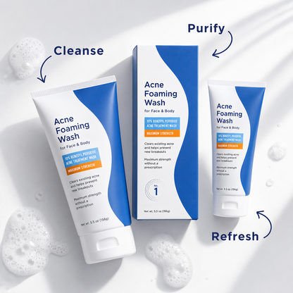 10% Benzoyl Peroxide Foaming Face & Body Cleanser – Maximum Strength Daily Wash for Acne-Prone Skin, Helps Remove Excess Oil and Pore Buildup, 5.5 oz