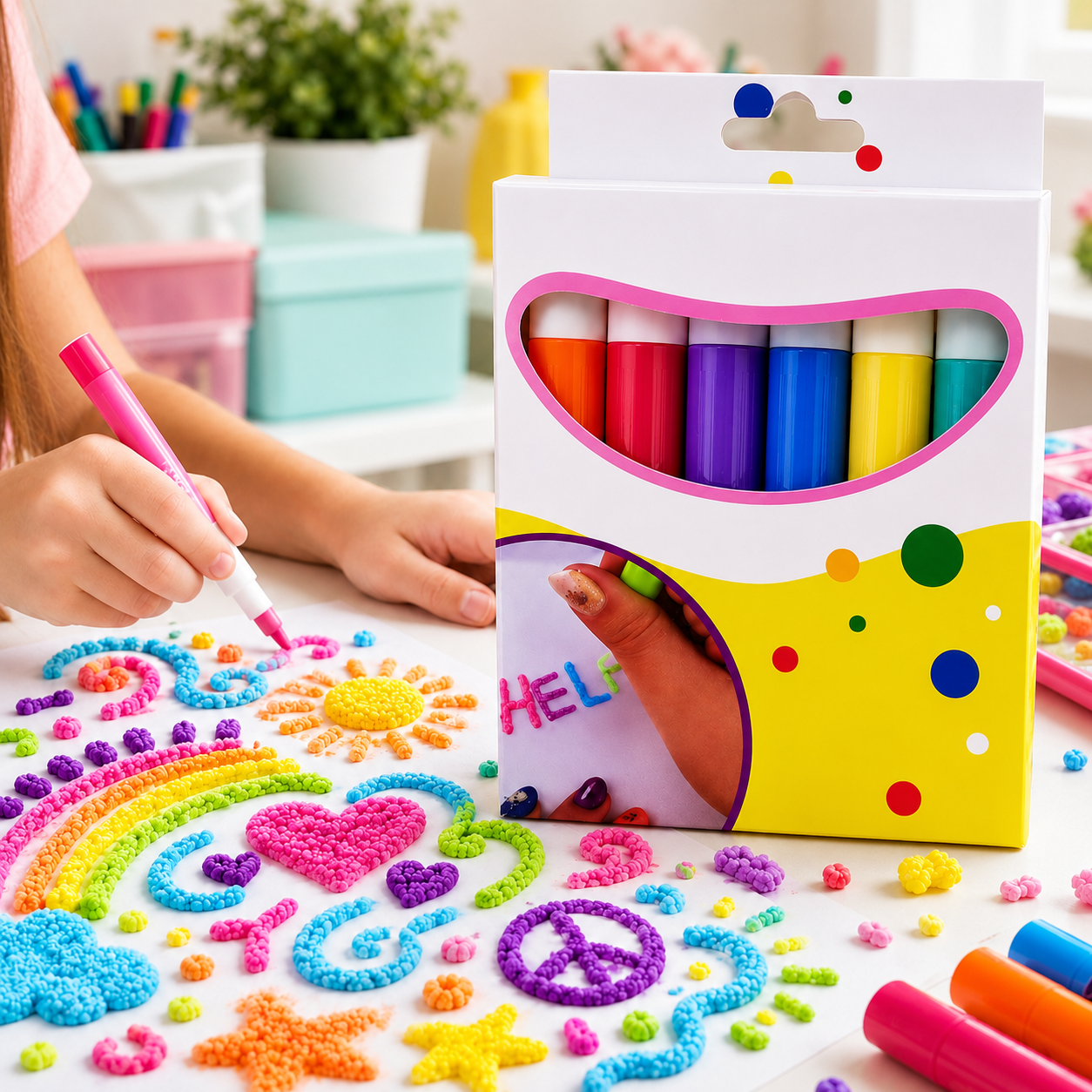 😍6-Pack Colorful Popcorn Puffy Pens🍿 for Kids – Fun 3D Bubble Art Markers for DIY Drawing, Birthday Cards, Greeting Cards & Creative Crafts