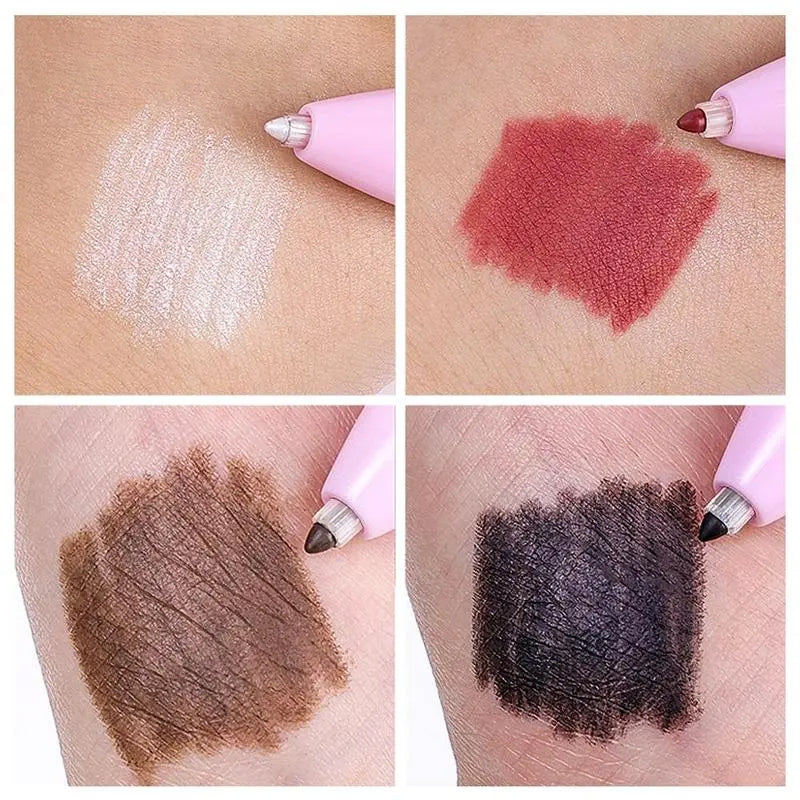 Swatches for highlighter, lip liner, brow pencil and eyeliner