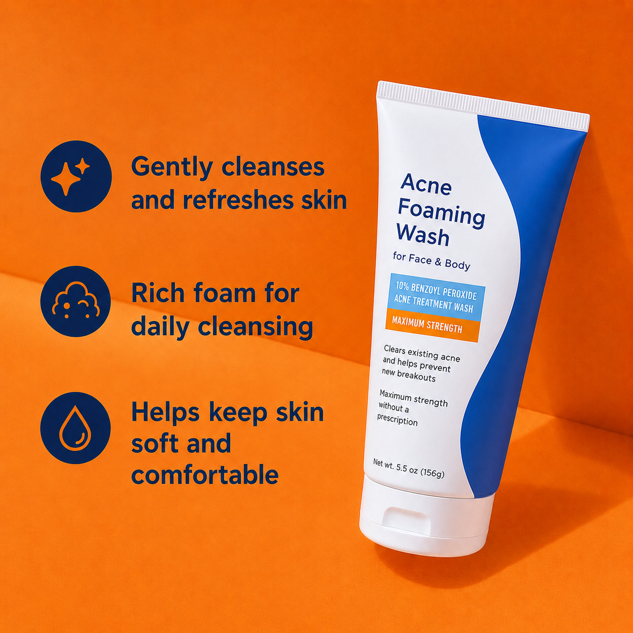 10% Benzoyl Peroxide Foaming Face & Body Cleanser – Maximum Strength Daily Wash for Acne-Prone Skin, Helps Remove Excess Oil and Pore Buildup, 5.5 oz