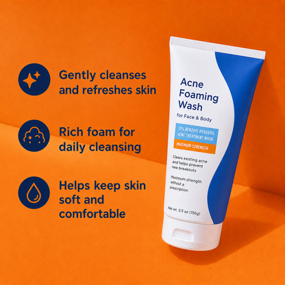 10% Benzoyl Peroxide Foaming Face & Body Cleanser – Maximum Strength Daily Wash for Acne-Prone Skin, Helps Remove Excess Oil and Pore Buildup, 5.5 oz